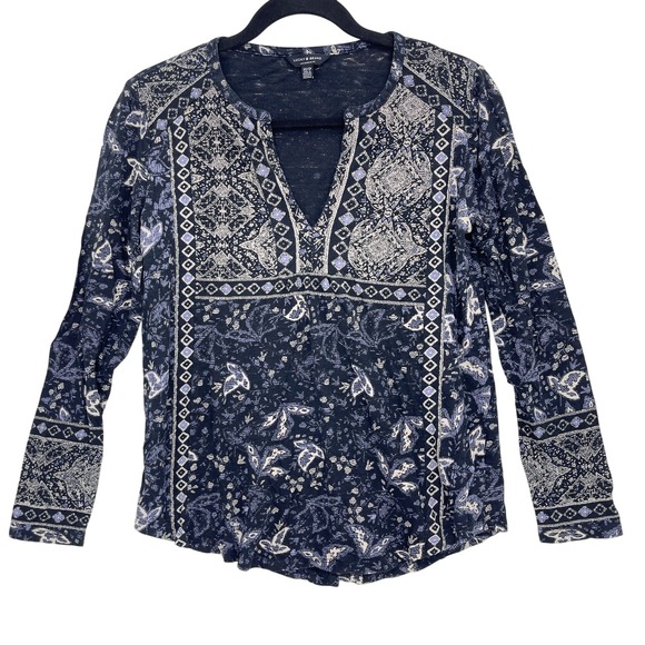 Lucky Brand Tops - Lucky Brand Black Mixed Print Long Sleeve Split Neck Top XS Medallion Boho